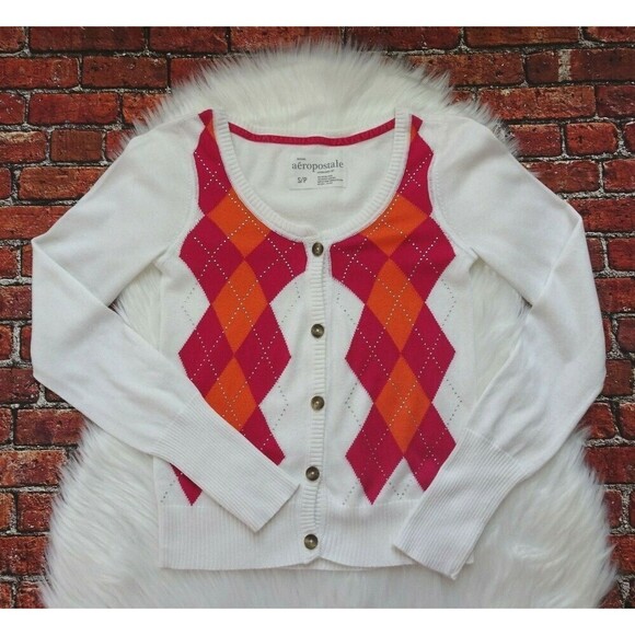 💰3/$25 Aeropostale Sweater Cardigan Argyle Pattern Preppy Button-Up LS S - Picture 2 of 9
